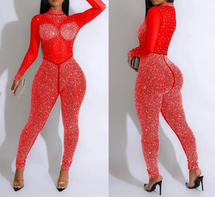 Sexy Party Jumpsuits Women Autumn Solid Mesh Diamond Fashion Long Sleeve Pants Jumpsuit Clubwear Female Overalls Streetwear - So Real Fashion