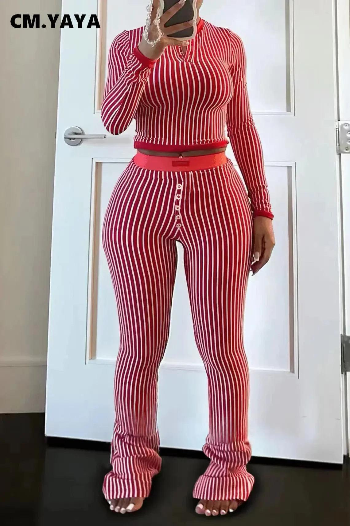 Women's Set Long Sleeve Striped Crop T-shirt + Flare Pants Active Fitness Streetwear Two 2 Piece Sets Outfits Tracksuit - So Real Fashion