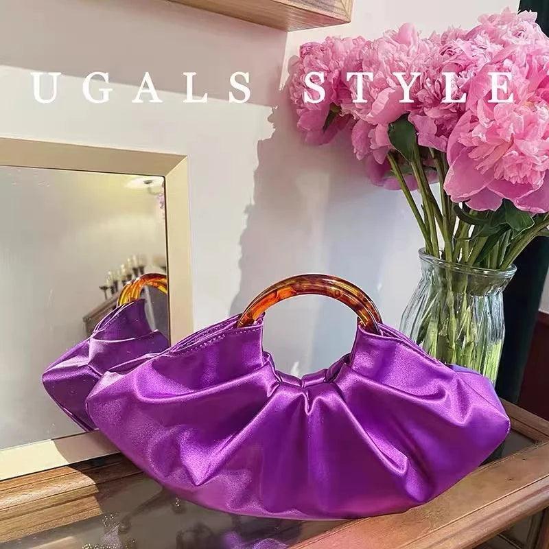 Acrylic Handle Pleated Cloud Bag Fashion Women Handbag Soft Satin Crystal Shiny Diamonds Evening Bag Wedding Party Clutch Purse - So Real Fashion