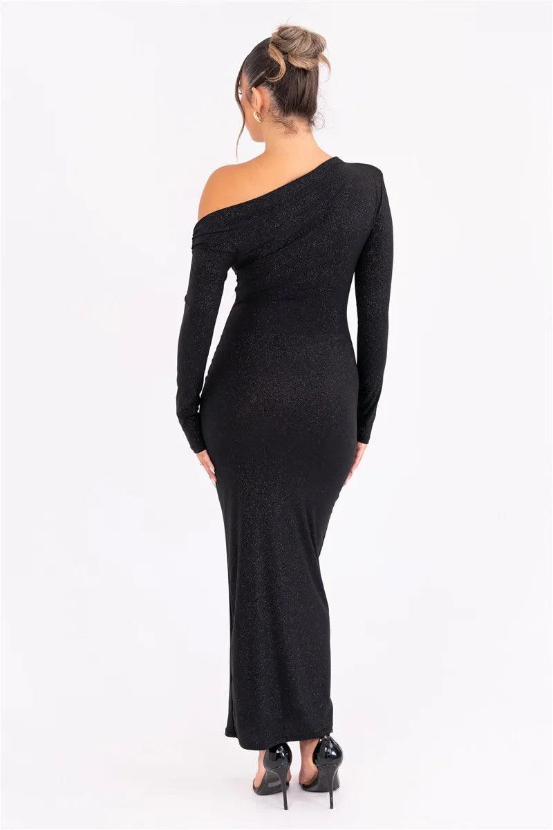 Mozision Sparkle Long Sleeve Sexy Maxi Dress For Women Inclined Shoulder Backless Bodycon Ruched Club Party Sexy Long Dress - So Real Fashion