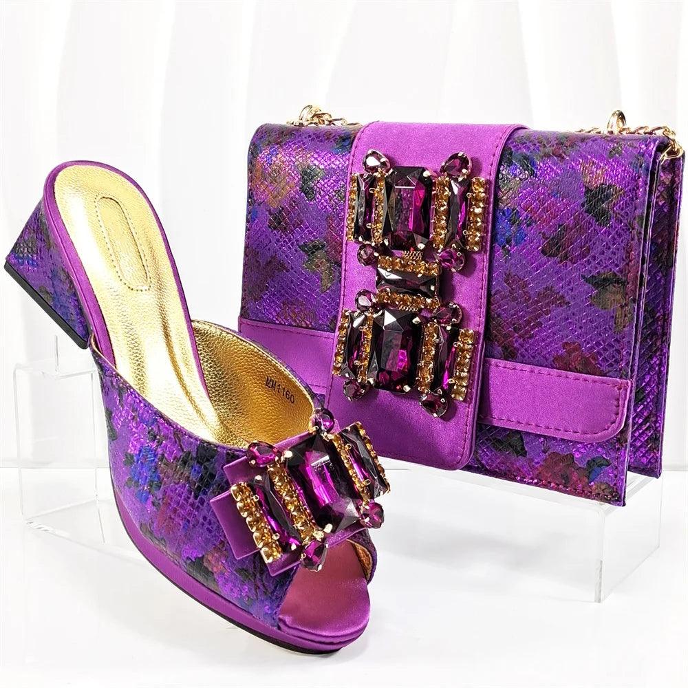 Latest Design High Heels Shoes And Bag Set Hot Selling Fashion PU With Rhinestone Shoes And Bag Set For Party On Sale - So Real Fashion