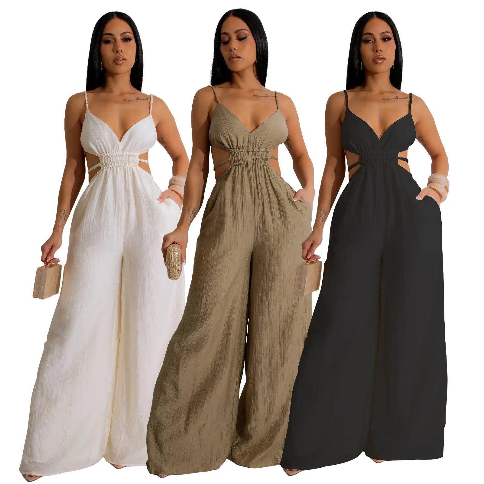 Women Sleeveless Strap V-neck Backless Wide Leg Long Jumpsuits 2025 Summer Beach Night Club Street Sexy Outfit Rompers - So Real Fashion