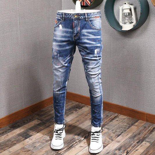 Fashion Streetwear Men Jeans Retro Blue Elastic Slim Fit Ripped Jeans Men Painted Designer Elastic Hip Hop Denim Pencil Pants - So Real Fashion