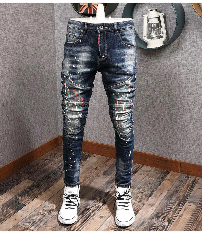 Fashion Streetwear Men Jeans Retro Blue Elastic Slim Fit Ripped Jeans Men Painted Designer Elastic Hip Hop Denim Pencil Pants - So Real Fashion