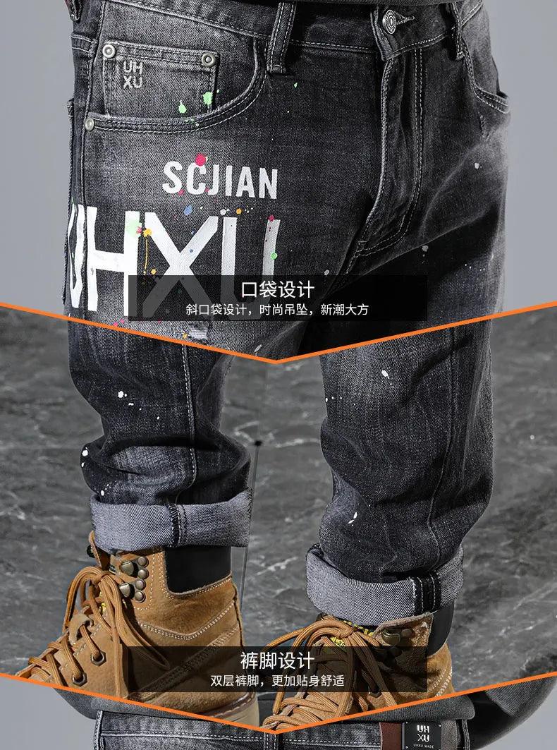 Ripped Jeans Men Black Gray Slim Stretch Hip Hop Denim Pants Moto Patch Distressed Trousers Man Grunge Letters Original Designer - So Real Fashion