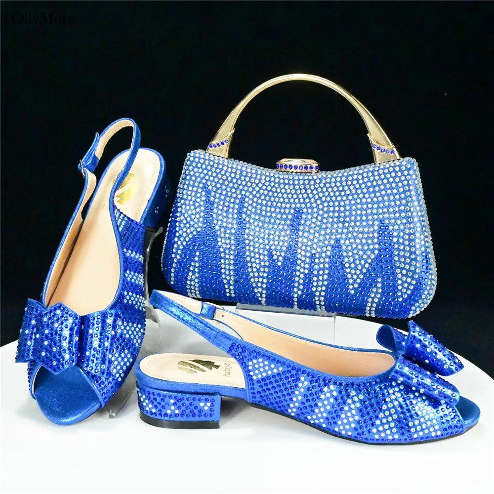 Autumn Fashion PU With Rhinestone Woman Sandal Shoes And Bag Set Elegant Low Heels Shoes And Bag To Match Set For Party - So Real Fashion