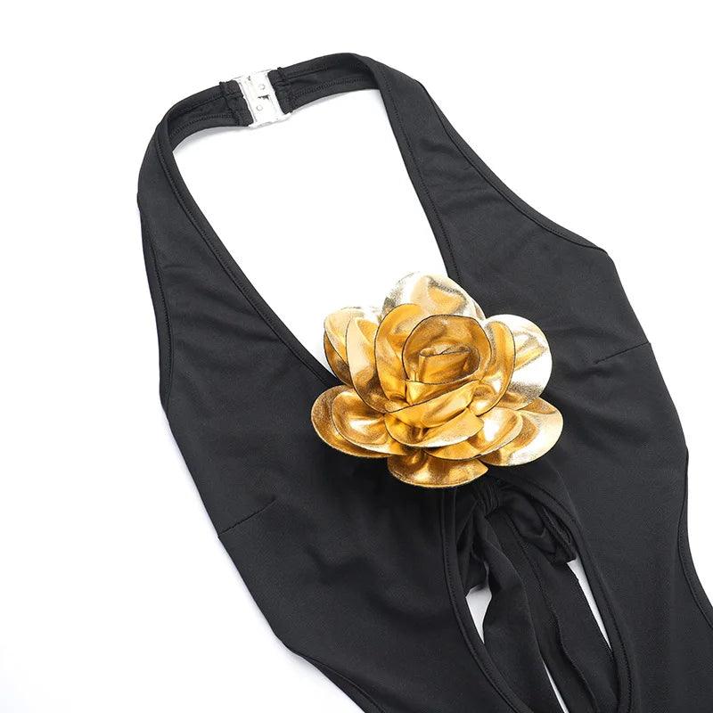 Women Halter Neck Gold Flower Black Jumpsuits Sexy Sleeveless Bandage Backless Hollow Out Flare Pants Evening Party Overalls - So Real Fashion