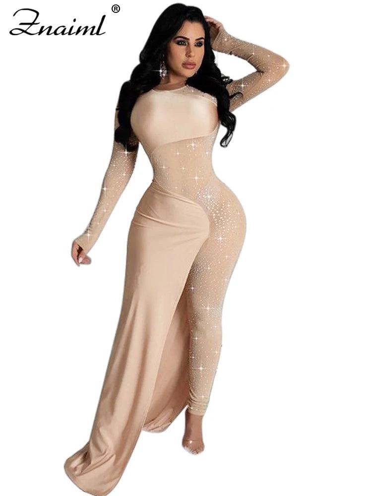 Znaiml Luxury Women Long Sleeve Sheer Mesh Patchwork Skinny Night Party Club Romper Overalls Birthday Sexy Rhinestone Jumpsuits - So Real Fashion