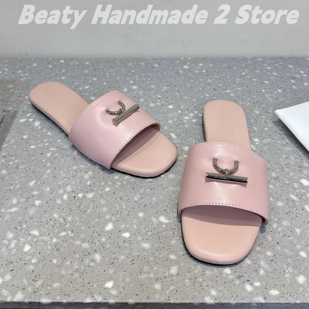 Top Quality Leather Square Toes Solid Woman Slippers Flat With Metal Decoration Pantuflas Mujer Luxury Pull On Modern Slippers - So Real Fashion