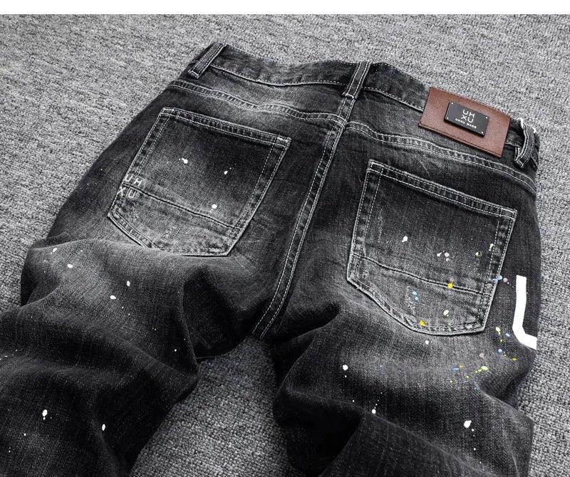 Street Fashion Men Jeans Retro Black Gray Stretch Slim Fit Painted Ripped Jeans Men Printed Designer Hip Hop Denim Pants Hombre - So Real Fashion