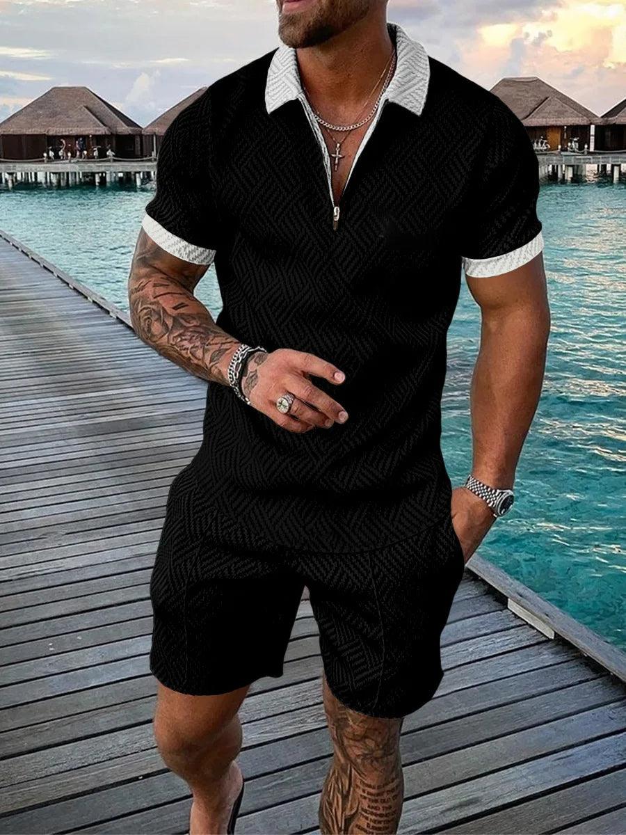 Summer Men's Sports Patchwork Pattern Short Sleeve Stylish Zipper Polo Shirt And Shorts Set Men's Casual Streetwear 2-pie - So Real Fashion