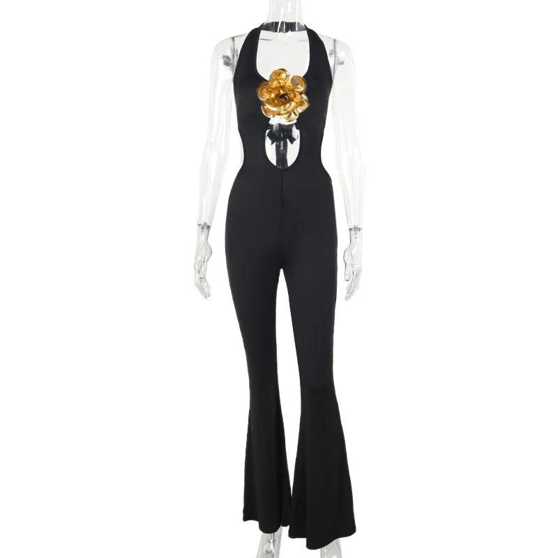 Women Halter Neck Gold Flower Black Jumpsuits Sexy Sleeveless Bandage Backless Hollow Out Flare Pants Evening Party Overalls - So Real Fashion