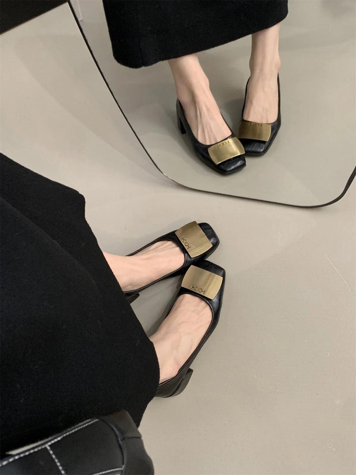 Metal Buckle Elegant Mid Heel Shoes Street Style Women's Chunky Heels Pumps Shoes Spring Retro Autumn Shoes for Women Fashion - So Real Fashion