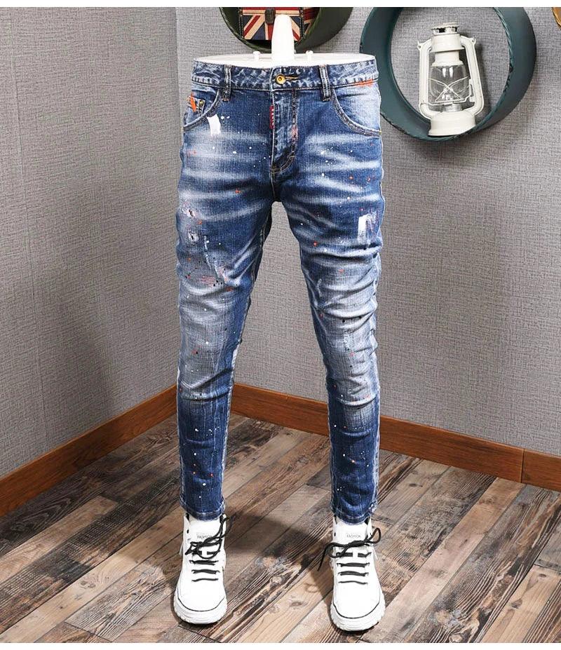 Fashion Streetwear Men Jeans Retro Blue Elastic Slim Fit Ripped Jeans Men Painted Designer Elastic Hip Hop Denim Pencil Pants - So Real Fashion