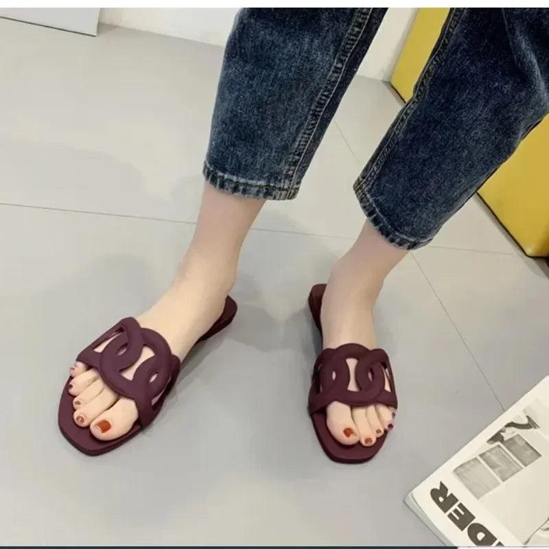 2025 New Women's Slippers Pig Nose Flat Jelly Slippers Women Open Toe One-Word Drag Net Infrared Wear Beach Sandals - So Real Fashion