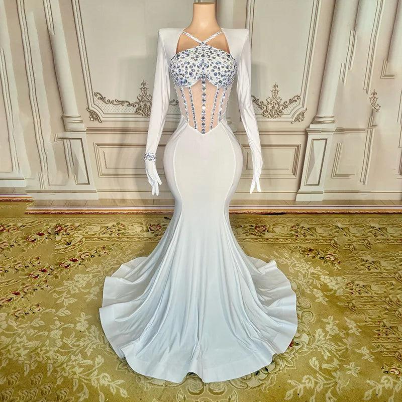 Sparkly Rhinestones White Mermaid Dress with Gloves for Women Elegant Birthday Celebrate Wedding Evening Prom Dresses - So Real Fashion