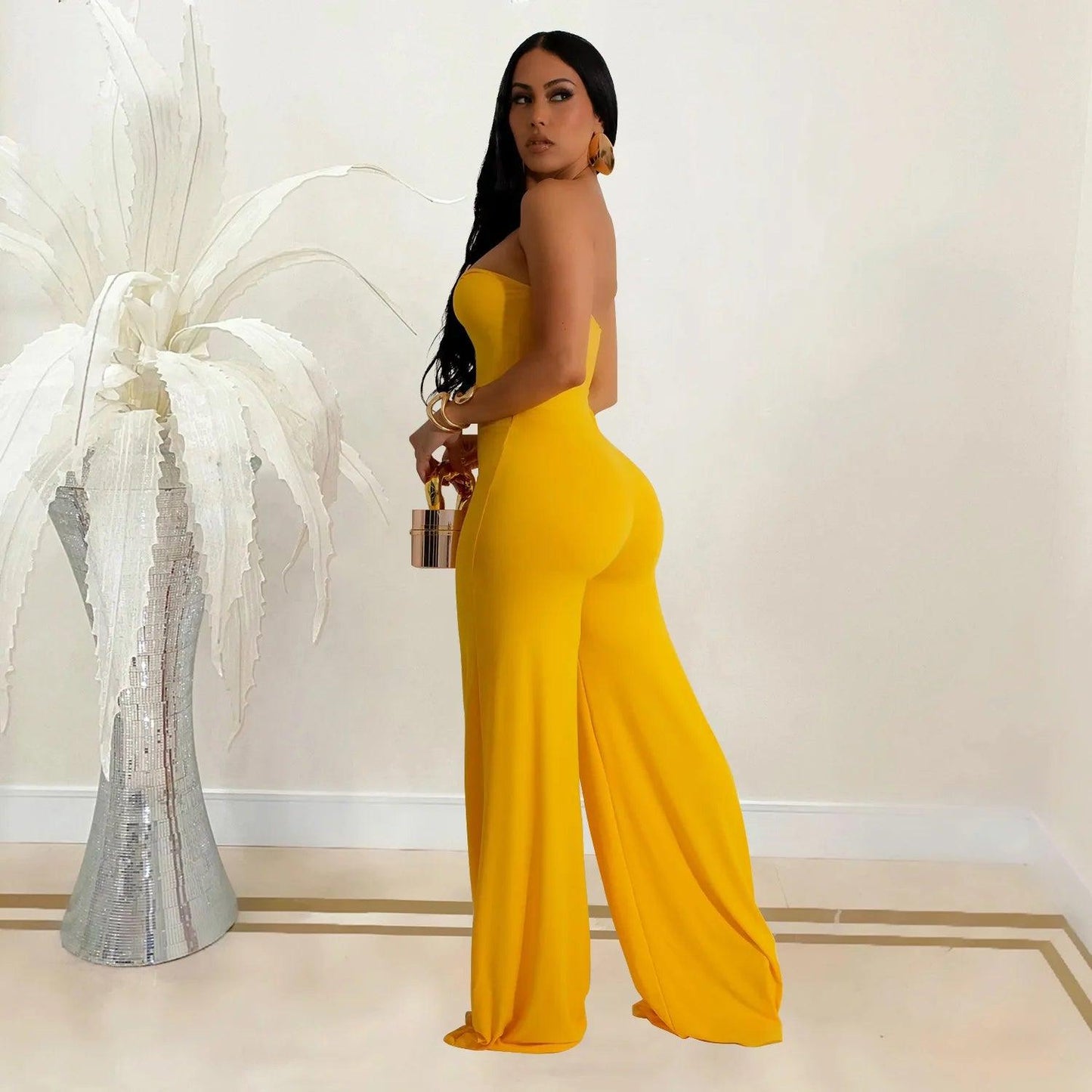 LKF Fashion Party Women's Jumpsuit Solid Color Chest Wrap Off Shoulder Hollow Fit Sexy Wide Leg Long Jumpsuit - So Real Fashion