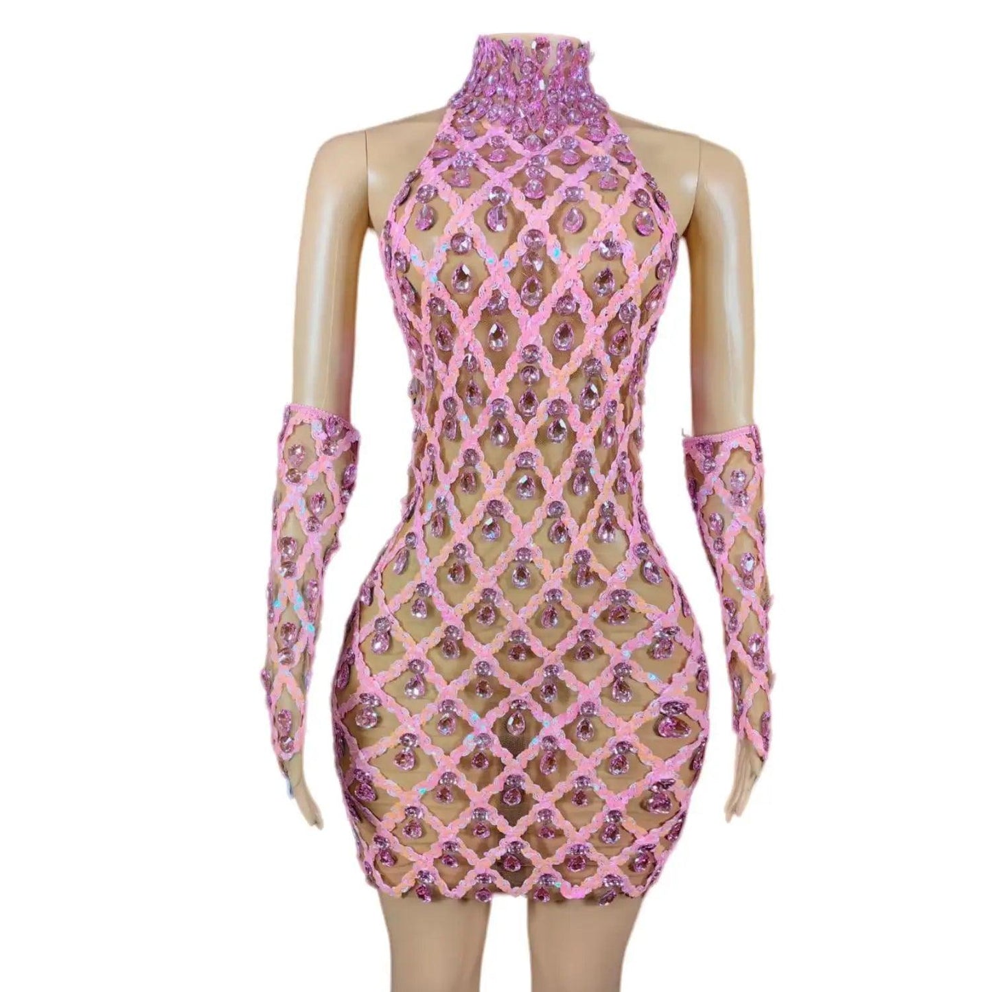 Callie Diamond Sequin Halterneck Mesh Sheer Dress In Silver Shaokaojia - So Real Fashion