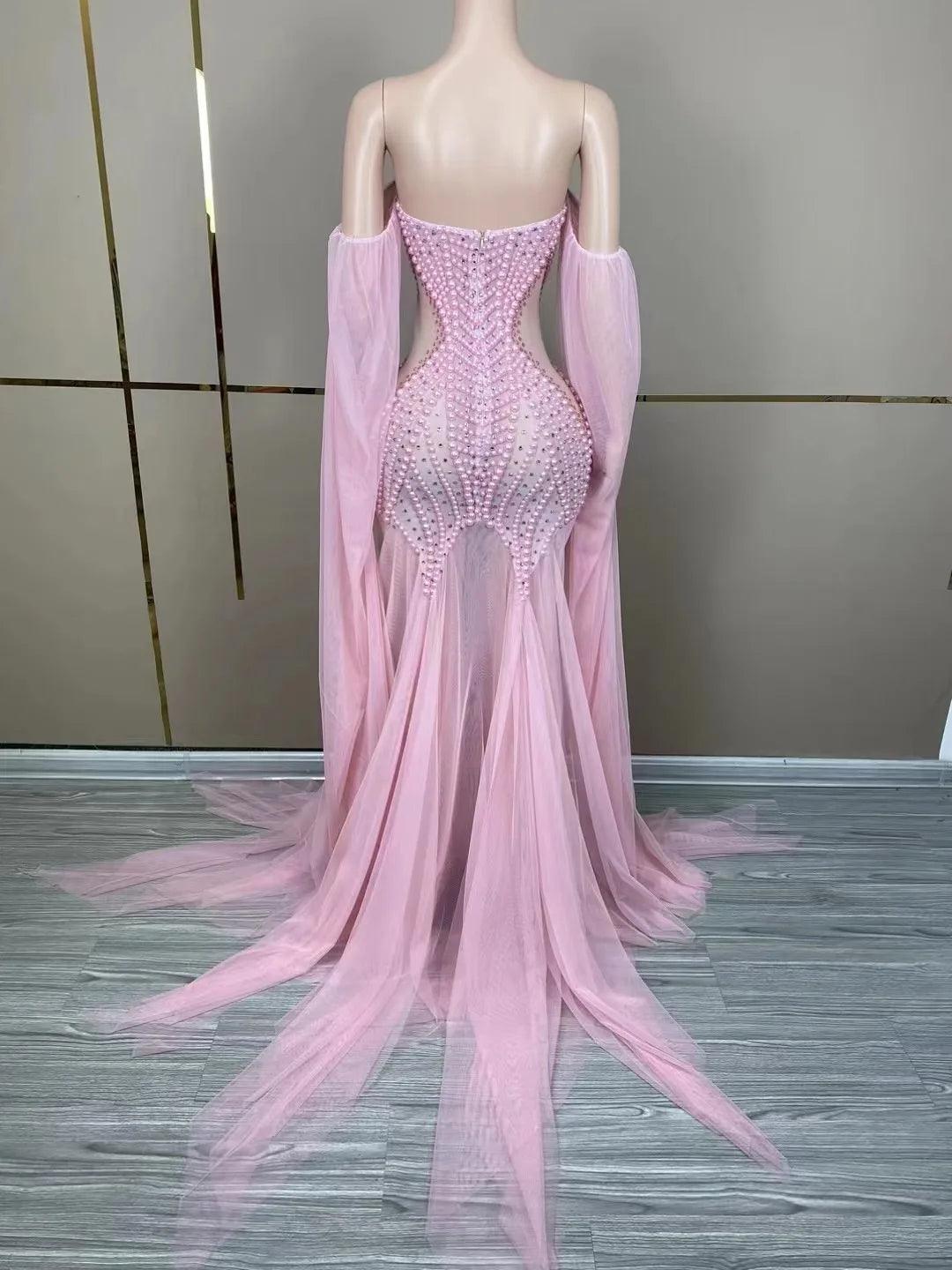 Sexy Stage Pink Mesh Pearls Dress Women Dance Costumes Birthday Bar Nightclub Party Dress Female Singer Performance Stage Outfit - So Real Fashion