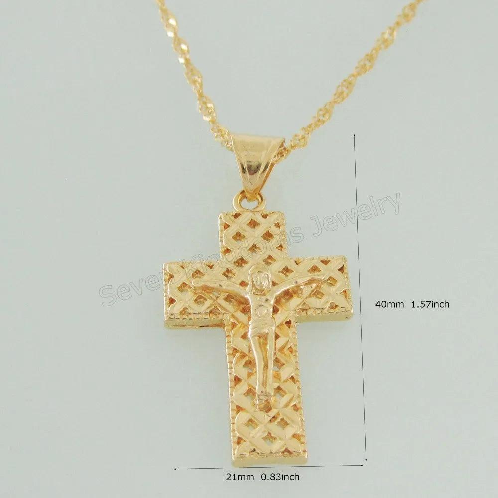 YELLOW GOLD COLOR 45CM WATER WAVE NECKLACE PLAIN SURFACE JESUS CROSS GOD PENDANT - So Real Fashion