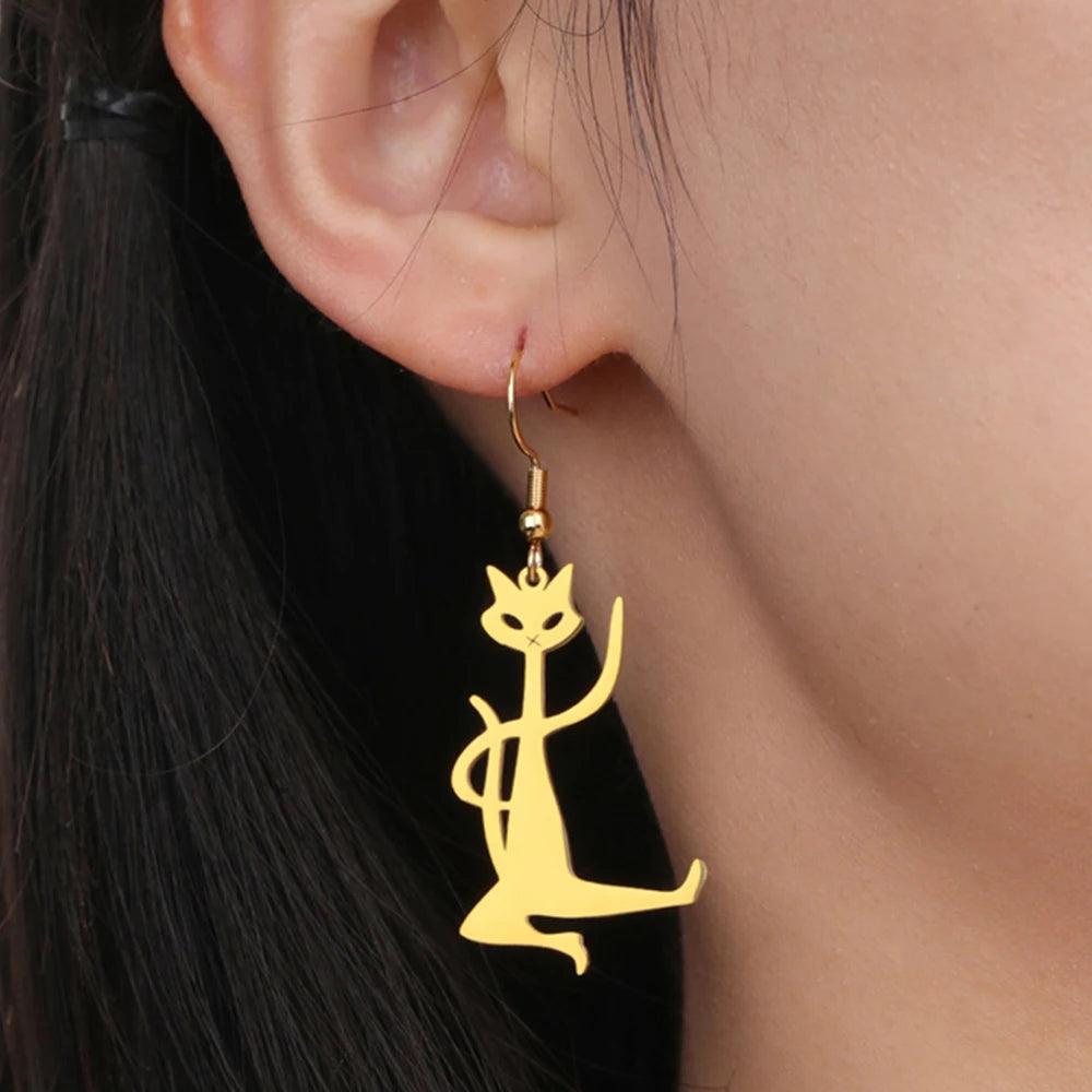 My Shape Kung Fu Cat Earrings Stainless Steel Gold Color Funny Cat Kitten Drop Earrings for Women Animal Lovers Fashion Jewelry - So Real Fashion