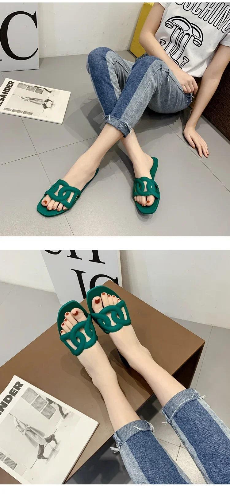 2025 New Women's Slippers Pig Nose Flat Jelly Slippers Women Open Toe One-Word Drag Net Infrared Wear Beach Sandals - So Real Fashion