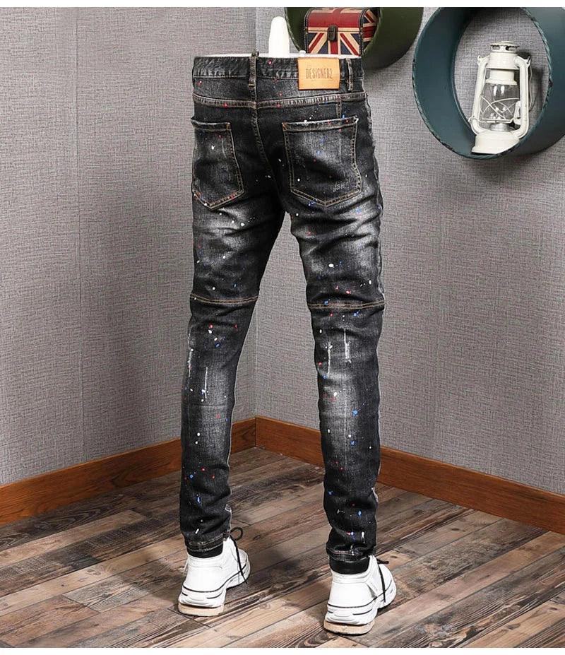 Fashion Streetwear Men Jeans Retro Blue Elastic Slim Fit Ripped Jeans Men Painted Designer Elastic Hip Hop Denim Pencil Pants - So Real Fashion