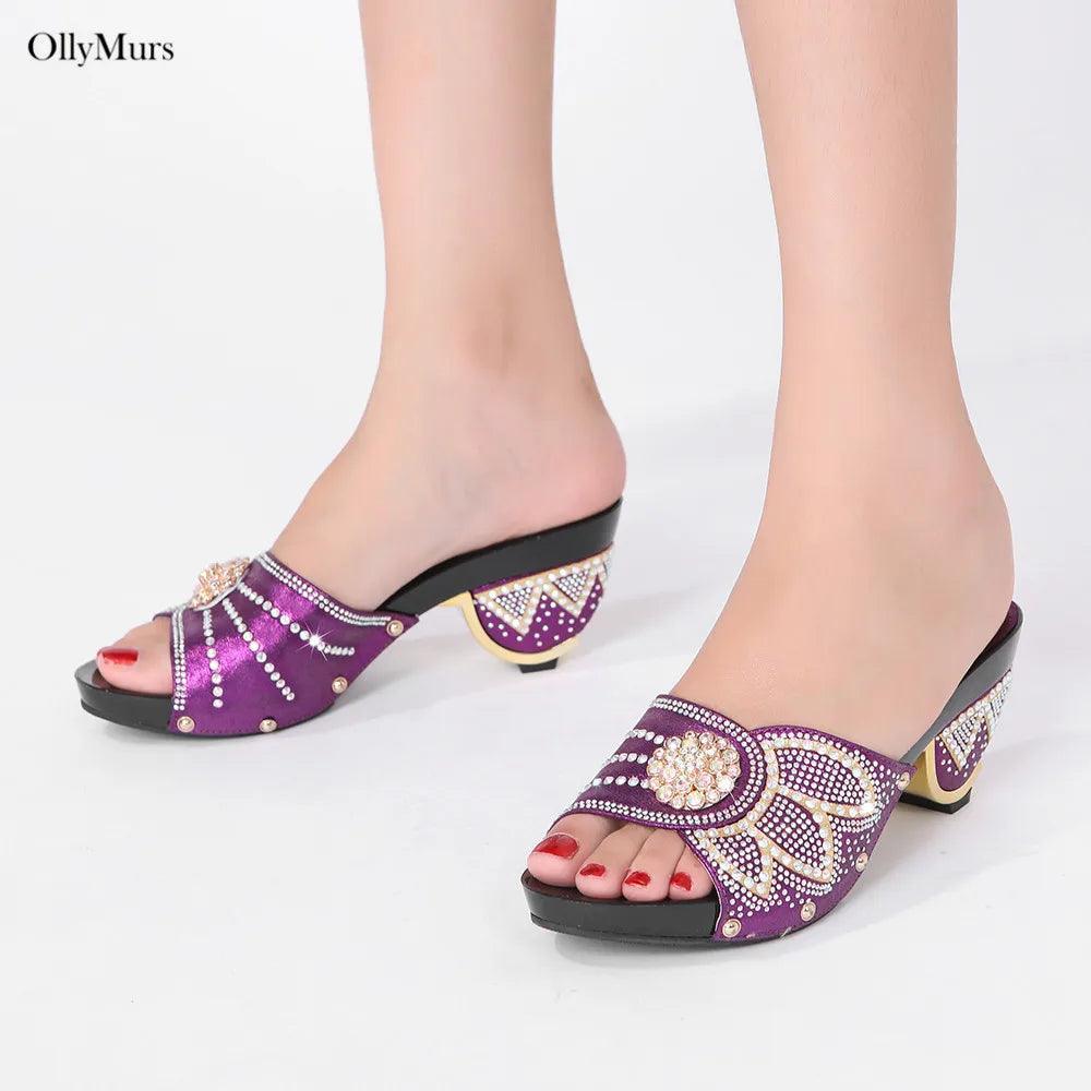 High Quality Italian Rhinestone Purple Color Shoes And Bags Set Fashion Slipper Pumps Woman Shoes And Bag To Match Set For Party - So Real Fashion