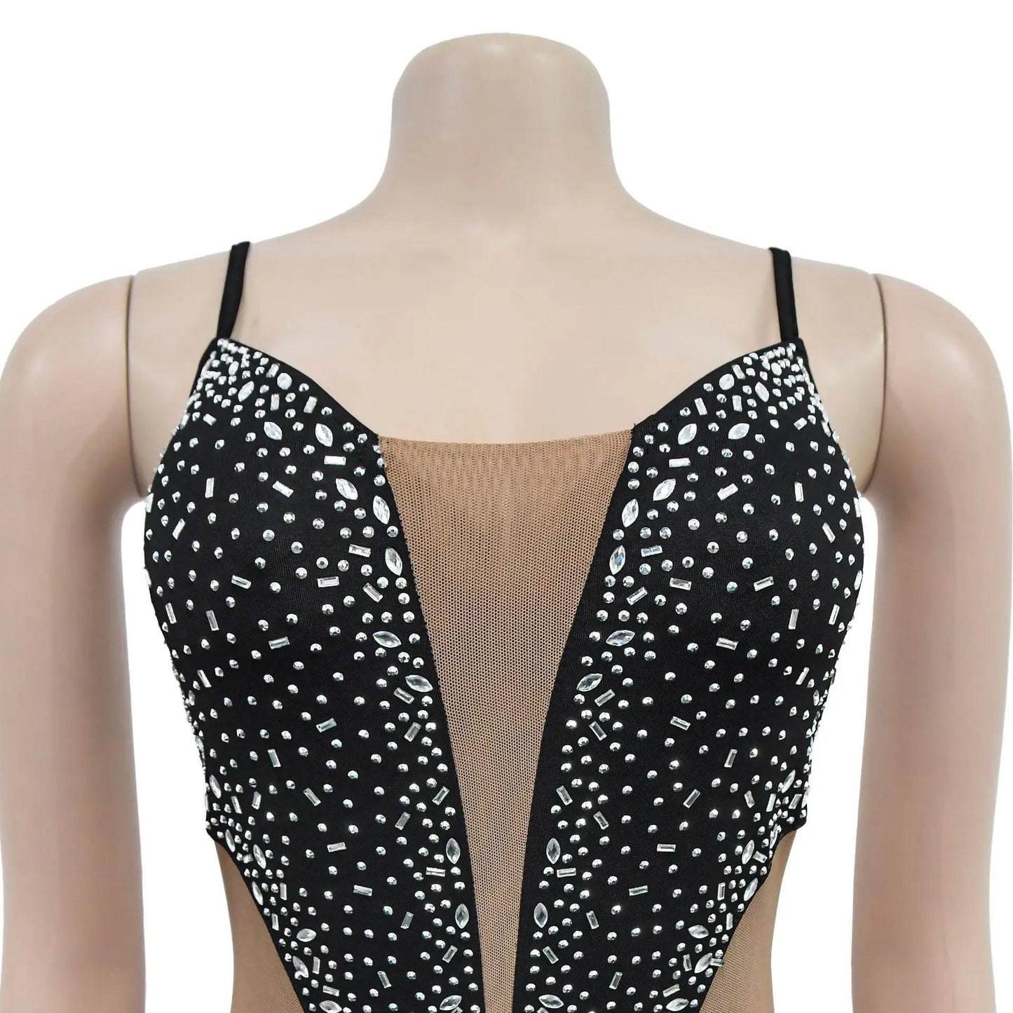 Sexy Sheer Mesh Pacthwork Rhinestone Decor Sleeveless Skinny Jumpsuit - So Real Fashion