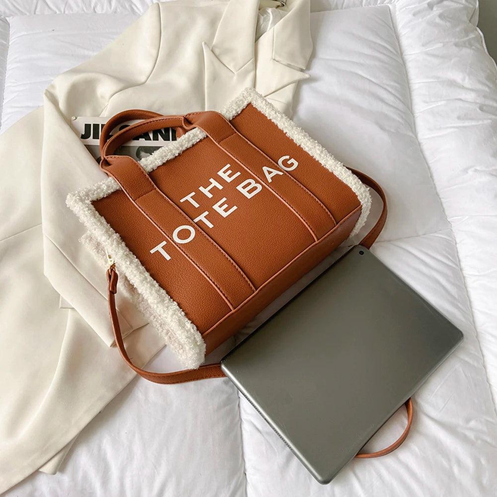 Winter Soft Lamb Wool Stitching Top-Handle Bags PU Leather Fashion Small Crossbody Bags Letter Print Ladies Square The Tote Bags - So Real Fashion