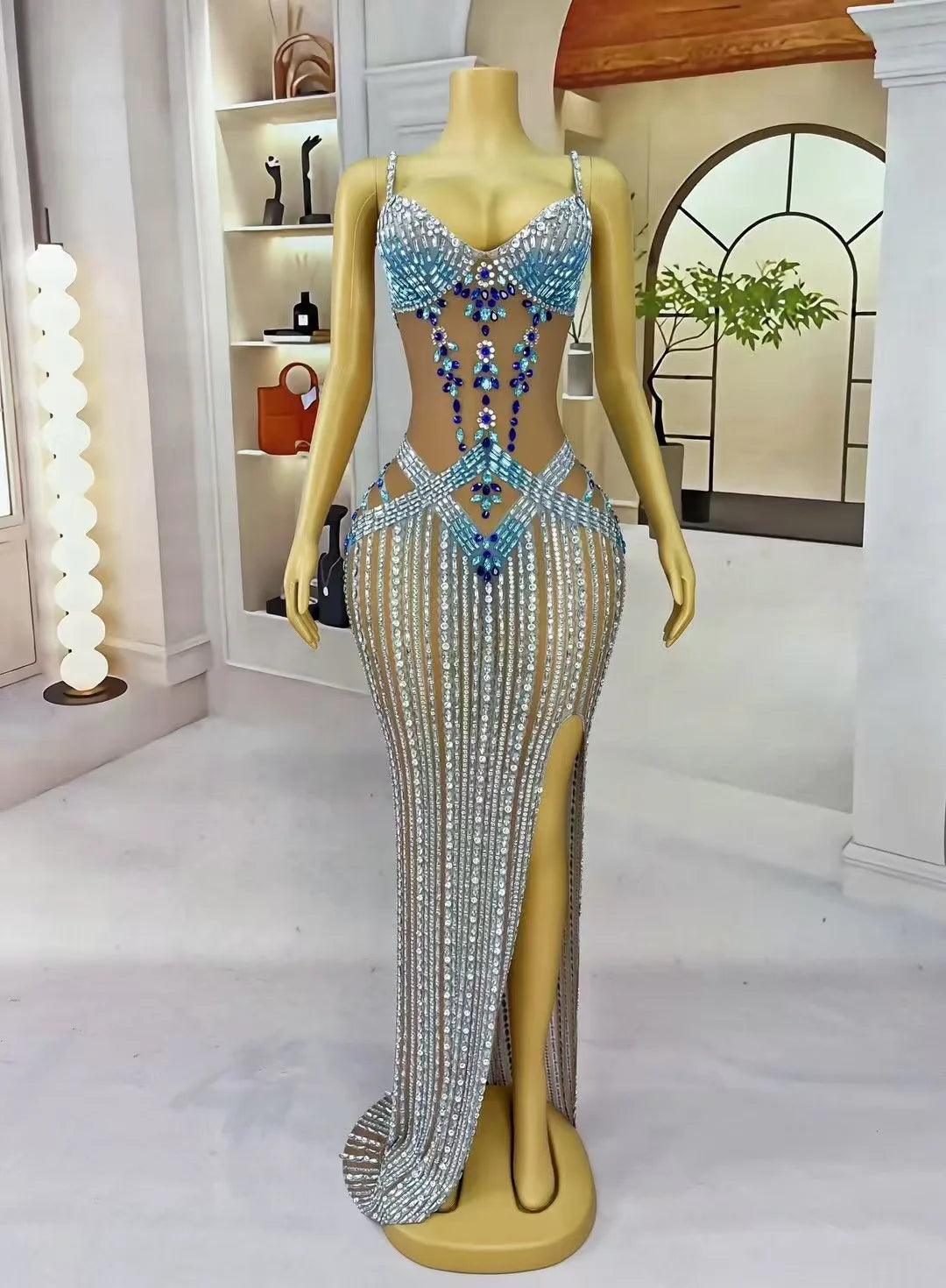 Luxury Elegant Shining Rhinestones Gown Suspenders Mesh High Split Long Dress Women Evening Prom Red Carpet Photoshoot Gowns - So Real Fashion