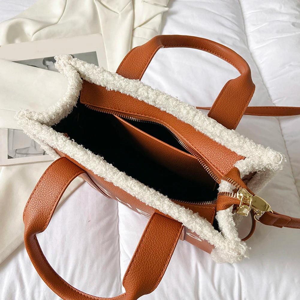 Winter Soft Lamb Wool Stitching Top-Handle Bags PU Leather Fashion Small Crossbody Bags Letter Print Ladies Square The Tote Bags - So Real Fashion