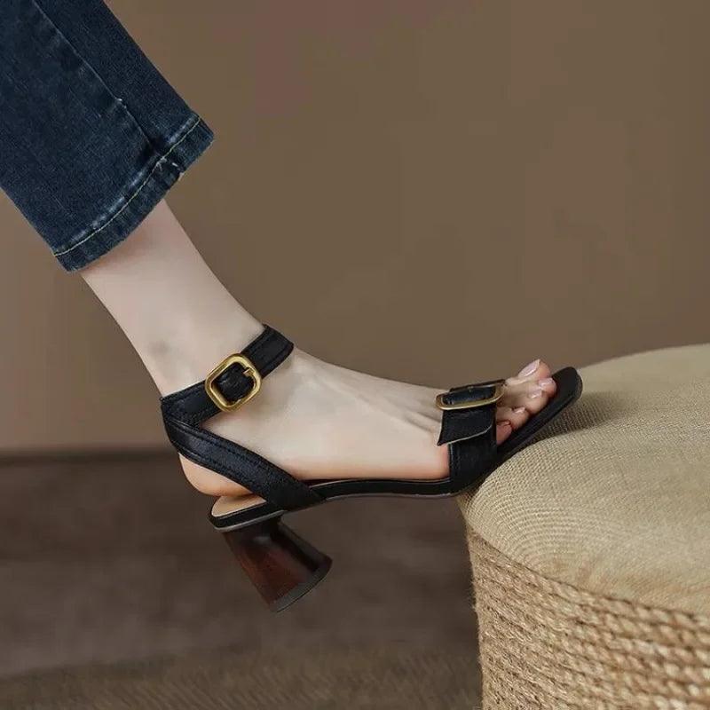 Ankle Strap VINTAGE Sandals for Women Open Toe High Heels Sandalias De Mujer Belt Buckle Square Heeled Women Pumps - So Real Fashion