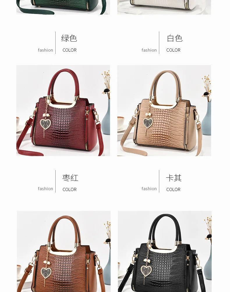 Glossy Crocodile Pattern Handbag, Women's Top Handle Satchel Purse, Fashion Crossbody Bag With Tassel Pendant - So Real Fashion