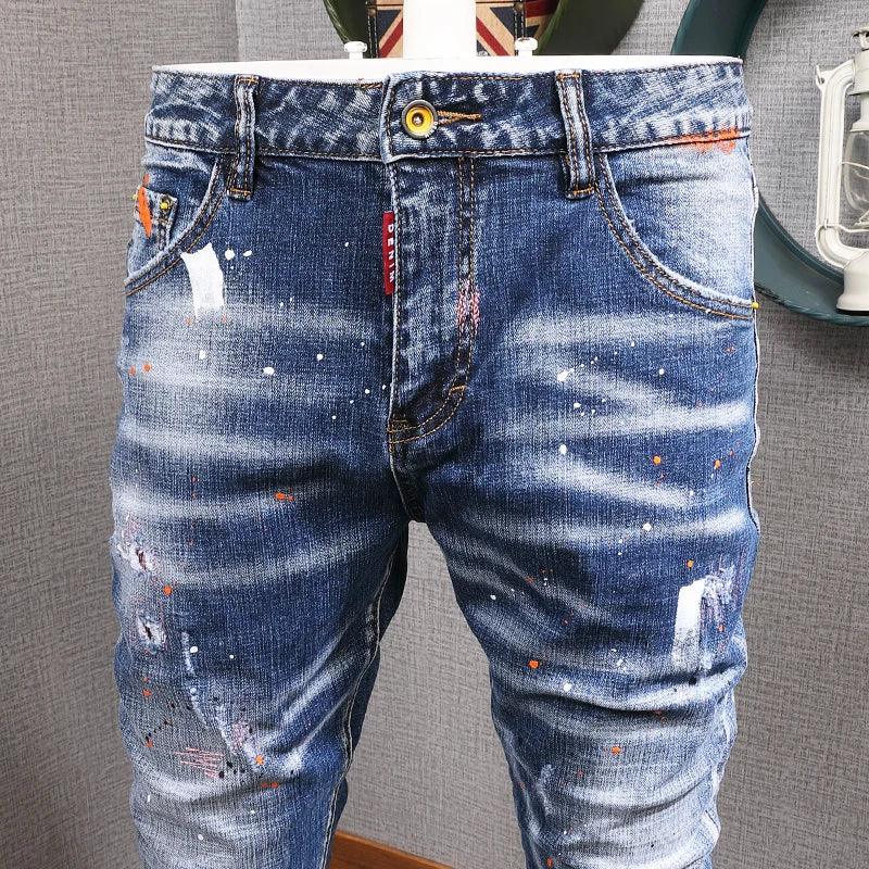 Fashion Streetwear Men Jeans Retro Blue Elastic Slim Fit Ripped Jeans Men Painted Designer Elastic Hip Hop Denim Pencil Pants - So Real Fashion