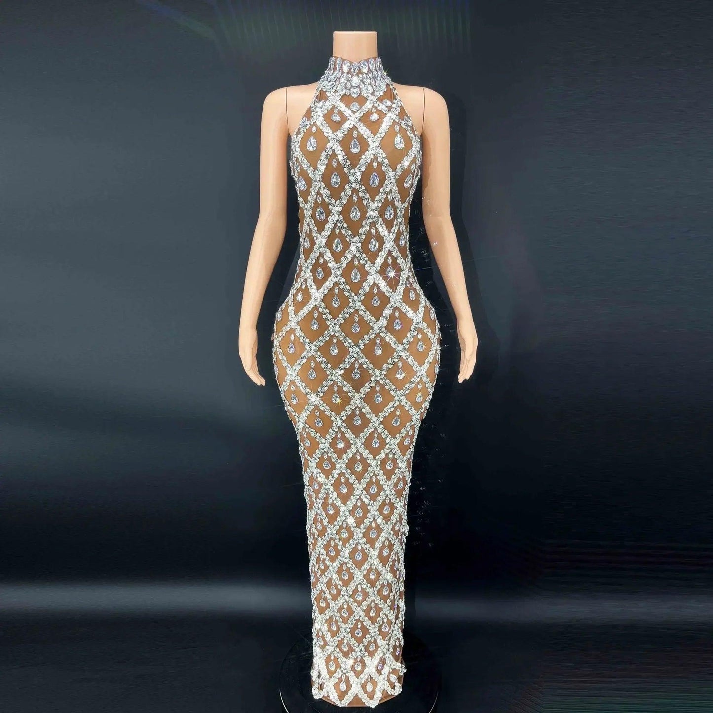 Women Sexy Sparkly Rhinestone Silver Dress Backless Cocktail Wedding Guest Evening DressBackless Transparent Long Dress - So Real Fashion