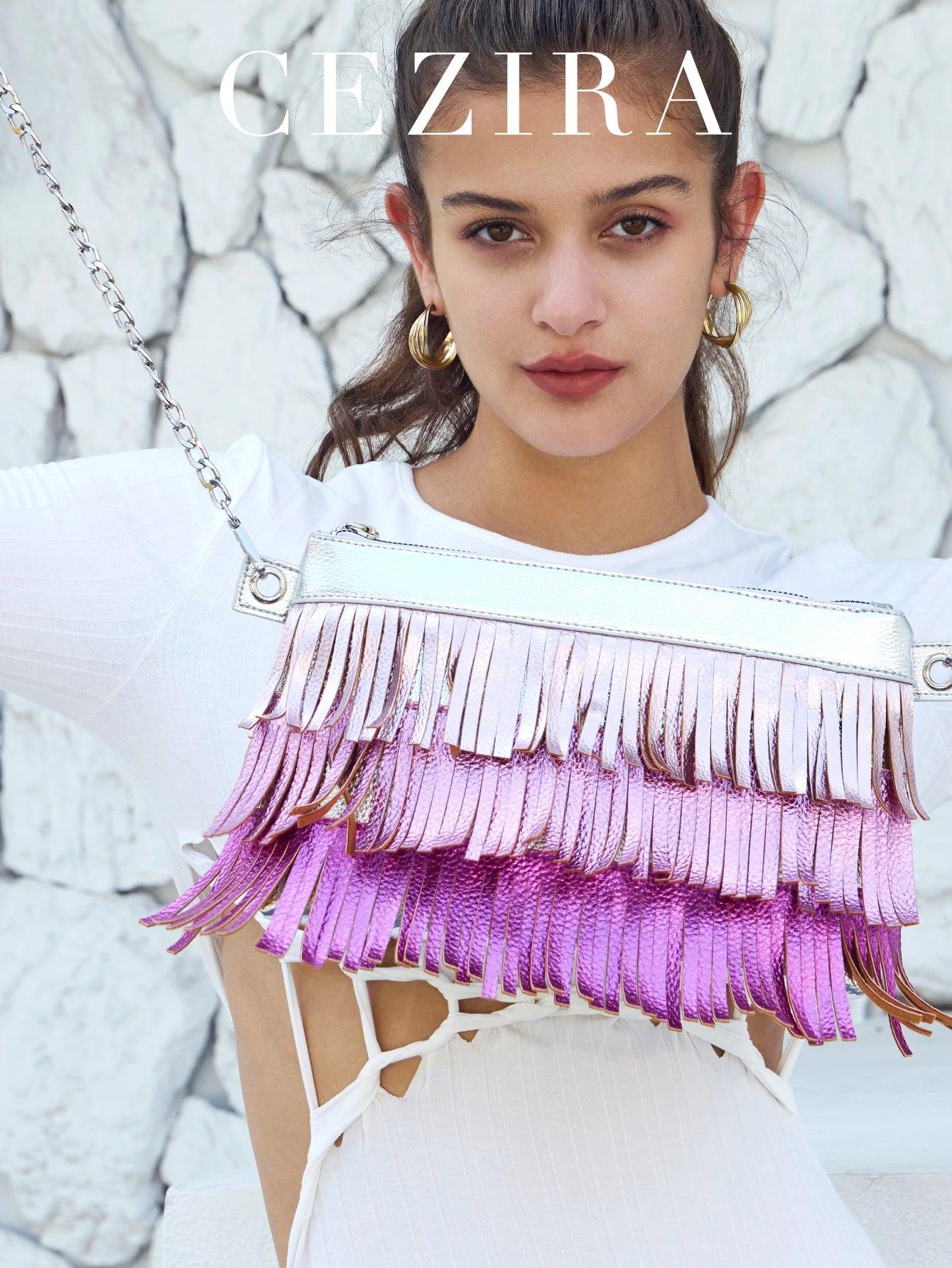 Vegan Leather Colorful Tassel Fringe Handbag Women Fashion Chic Chain Shoulder Cross body Bag - So Real Fashion