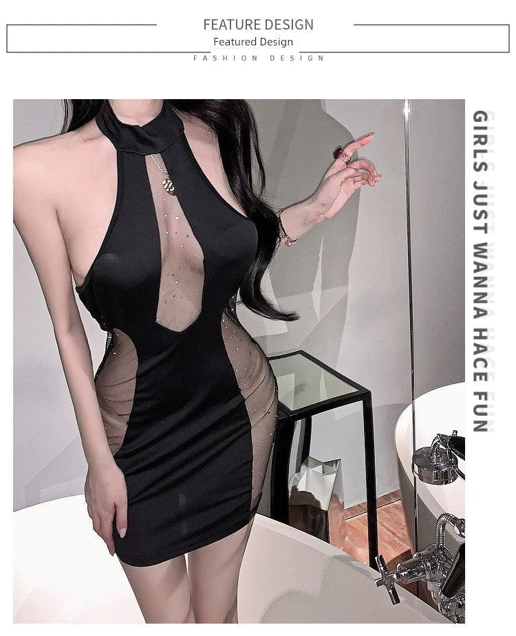 Gegejia Sexy French Style Retro Halterneck Stand-Collar Gauze Patchwork Hot Drilling Low-Cut Open Back Hip-Wrapped Dress Women’s. - So Real Fashion