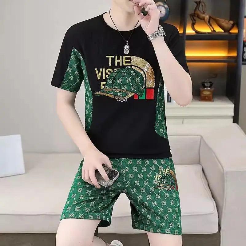 2025 New Men's Clothing Handsome Splicing Printed Short-sleeved T-shirt Shorts Trendy Brand Sports Quick-drying Casual Suit - So Real Fashion