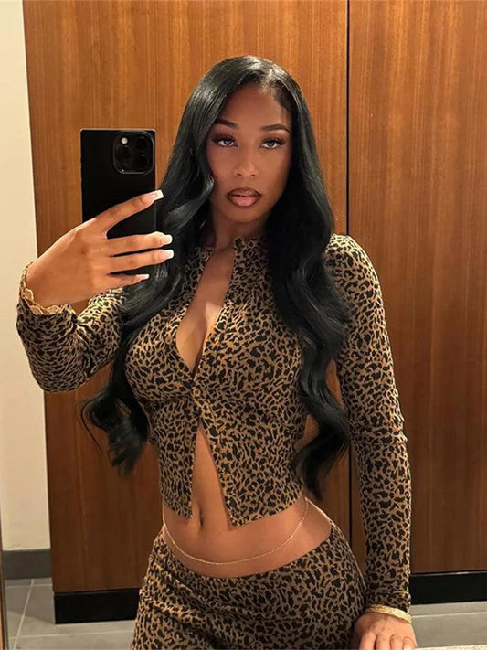 Nibber 2 Piece Set Leopard Print Woman Button-Down Mini Long-Sleeved Top+Cropped Trousers Sexy Comfortable Wild Midnight Suit - So Real Fashion