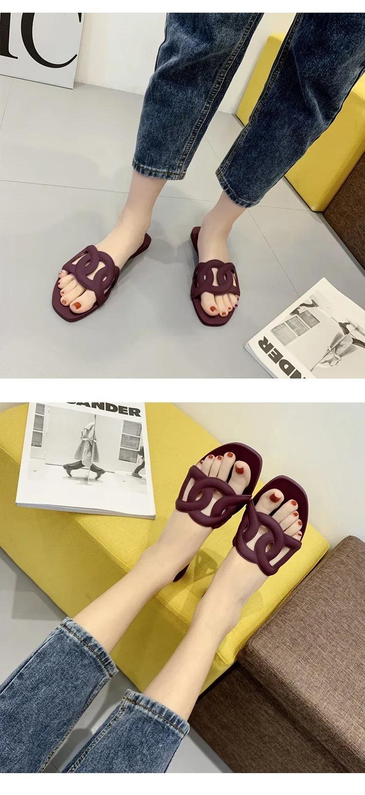 2025 New Women's Slippers Pig Nose Flat Jelly Slippers Women Open Toe One-Word Drag Net Infrared Wear Beach Sandals - So Real Fashion