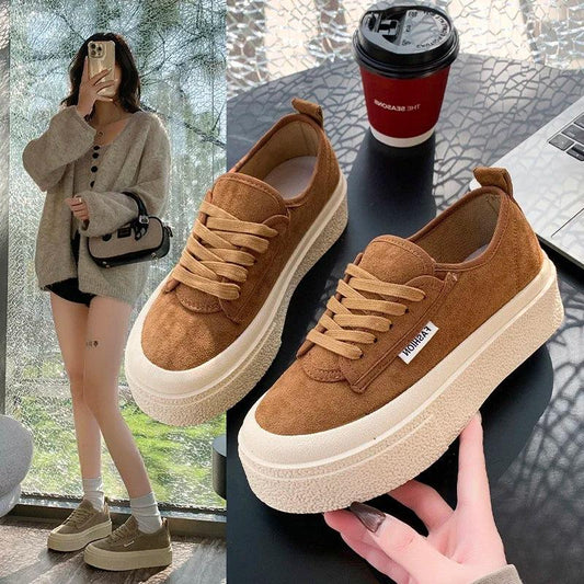 Soft Suede Leather Casual Shoes Women Sneakers Clogs Platform All-Match Spring Round Toe Cross-tied Frosted Flats Shoes Women - So Real Fashion