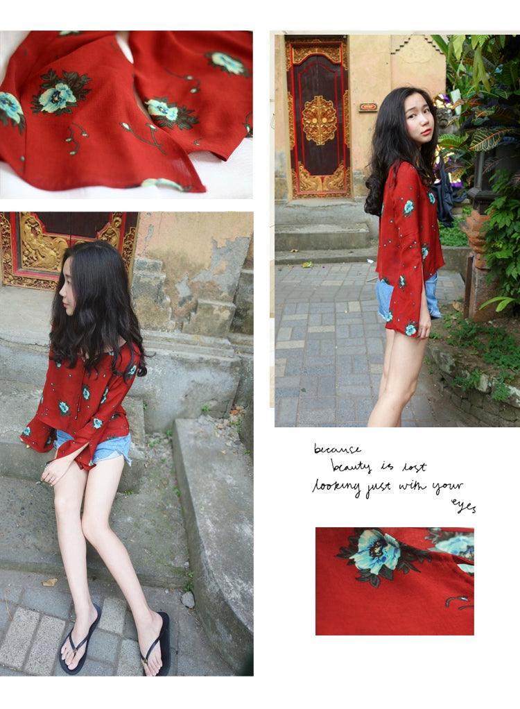 Spring Summer Ethnic Style Wine Red Fairy Self-Tie Slit Tops - So Real Fashion