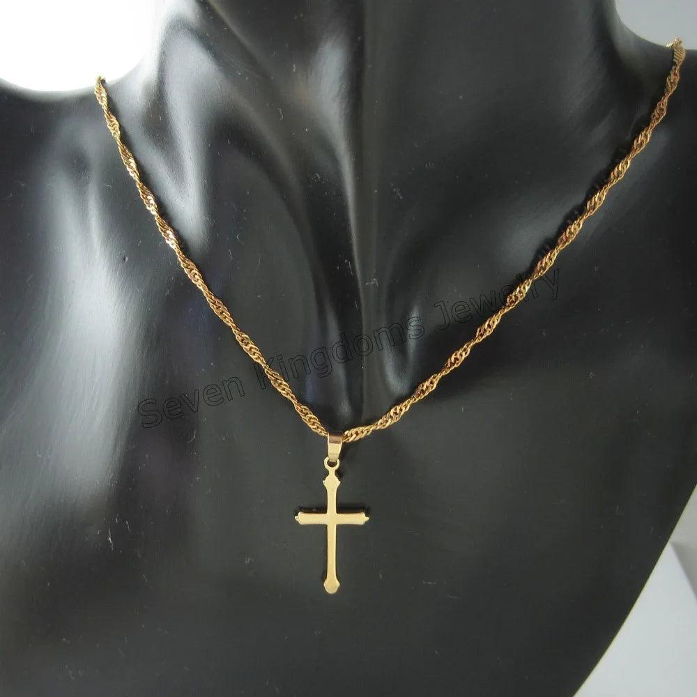 YELLOW GOLD COLOR 45CM WATER WAVE NECKLACE PLAIN SURFACE JESUS CROSS GOD PENDANT - So Real Fashion