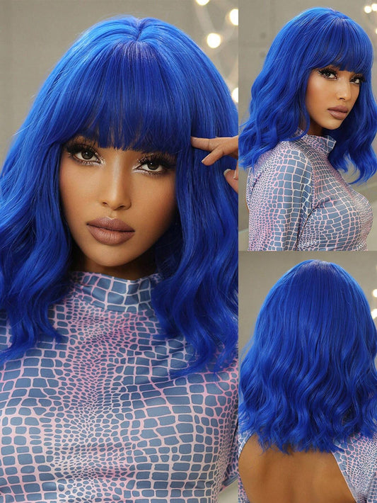 Dark Blue Curly Chic Wig with Bangs. - So Real Fashion