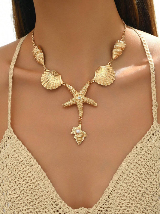 Gold Oceanic Y Necklace Seastar Shell Conch - So Real Fashion