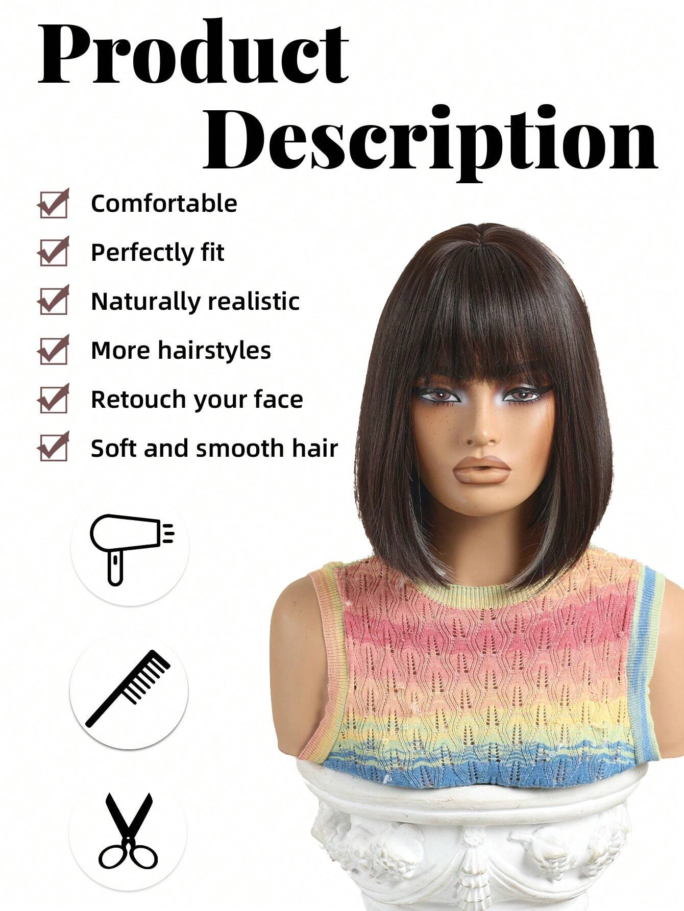 HAIRCUBE 12 Inch Short Straight Hair Wig For Women, Wine Red Claret And Black Multicoloured Synthetic Wig With Bangs Bob Wigs For Daily Life And Party. - So Real Fashion