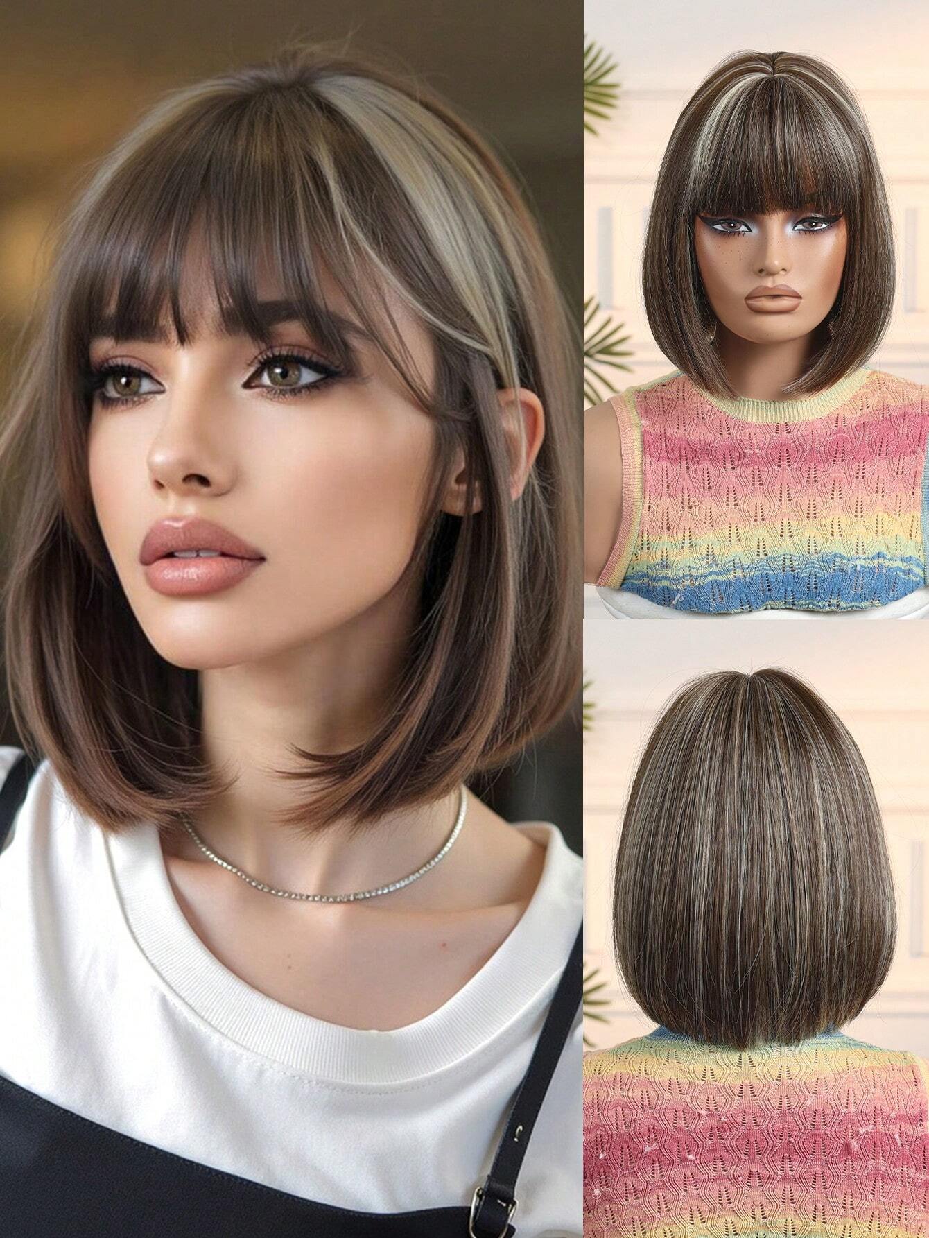 HAIRCUBE 12 Inch Short Straight Hair Wig For Women, Wine Red Claret And Black Multicoloured Synthetic Wig With Bangs Bob Wigs For Daily Life And Party. - So Real Fashion