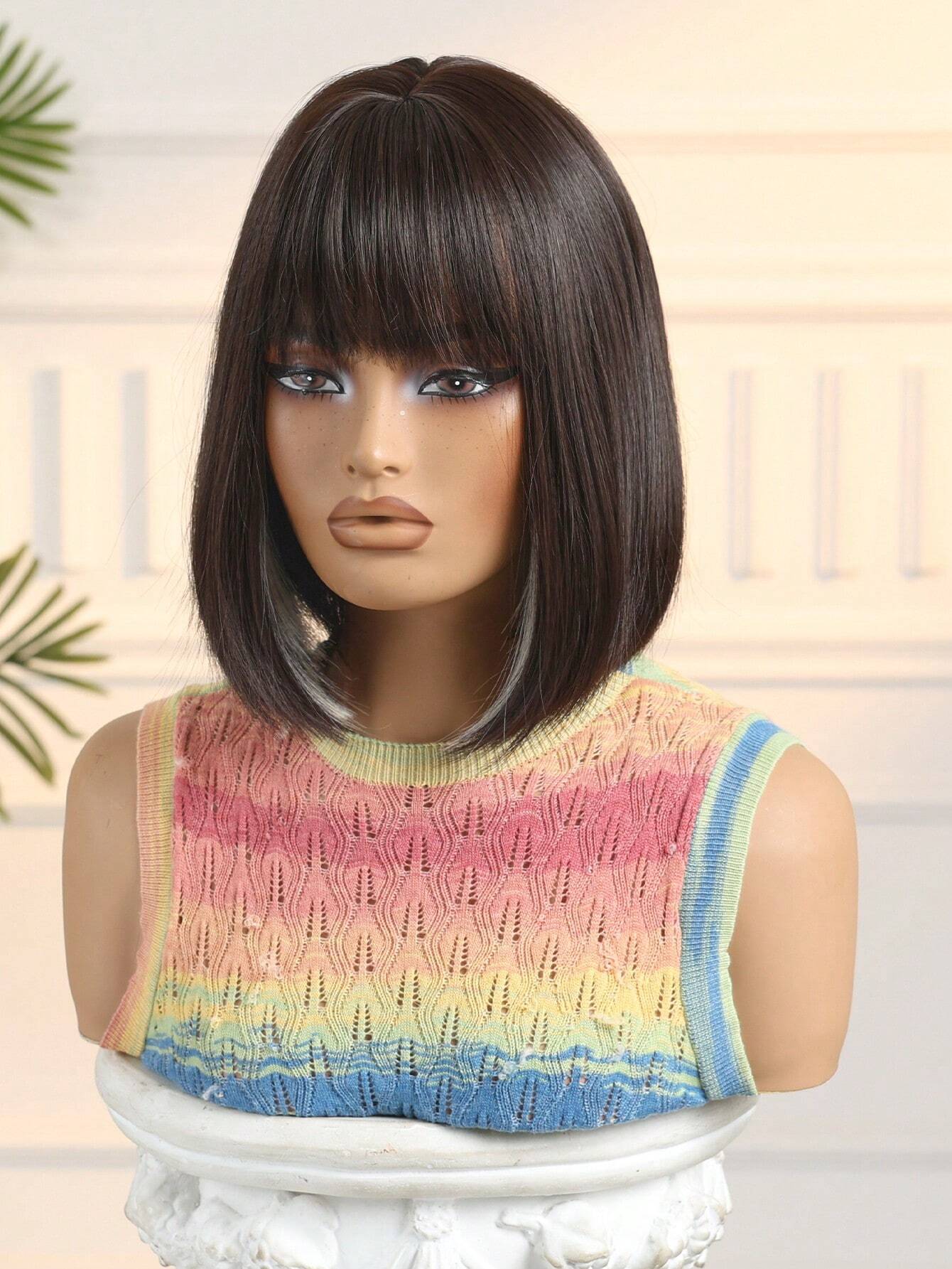 HAIRCUBE 12 Inch Short Straight Hair Wig For Women, Wine Red Claret And Black Multicoloured Synthetic Wig With Bangs Bob Wigs For Daily Life And Party. - So Real Fashion