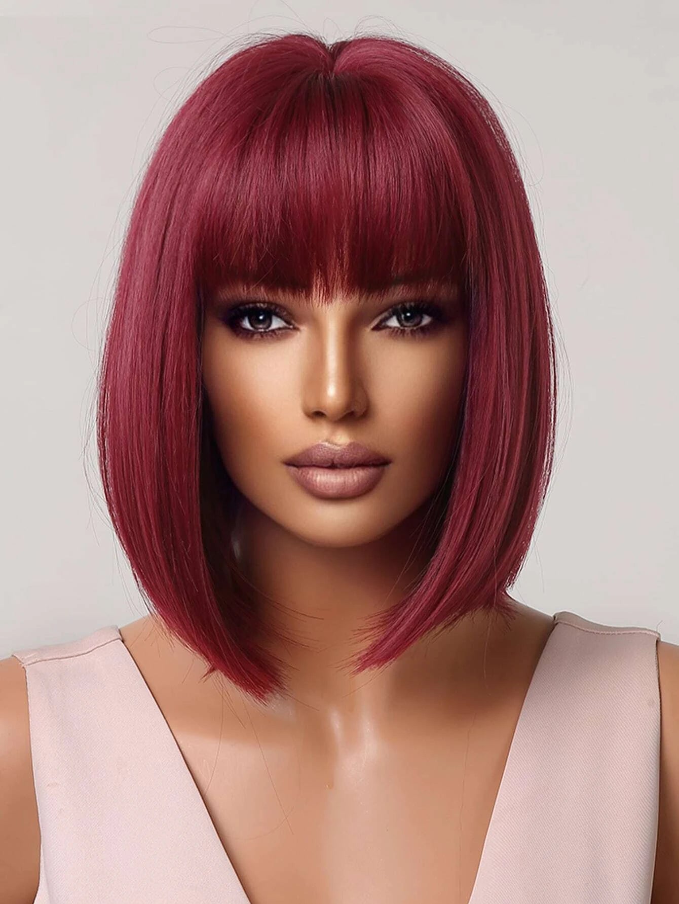 HAIRCUBE 12 Inch Short Straight Hair Wig For Women, Wine Red Claret And Black Multicoloured Synthetic Wig With Bangs Bob Wigs For Daily Life And Party. - So Real Fashion